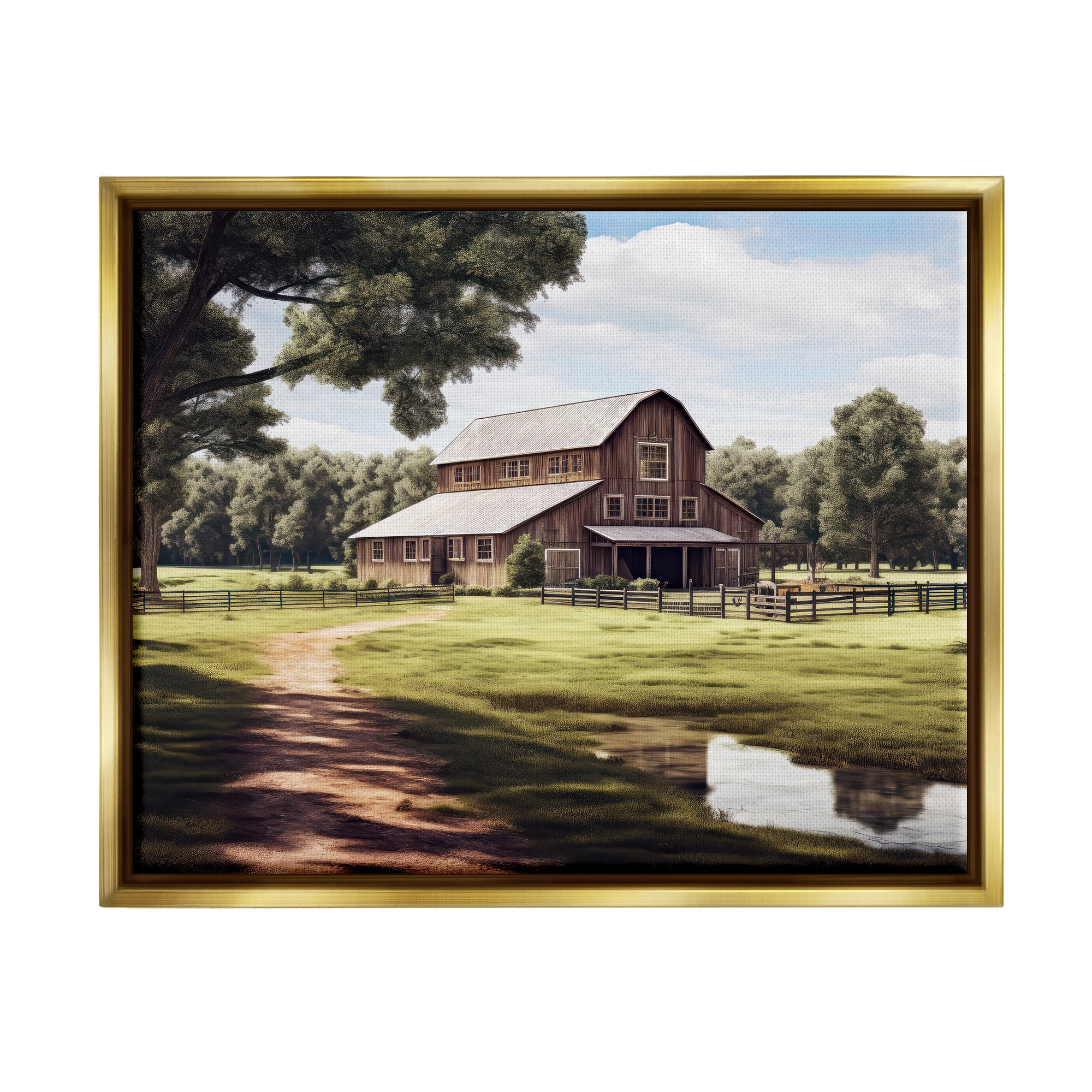 Stupell Industries Farmhouse Barn & Stream Landscape Painting Gold Floater Framed Canvas Art Print Wall Art, 31 x 25