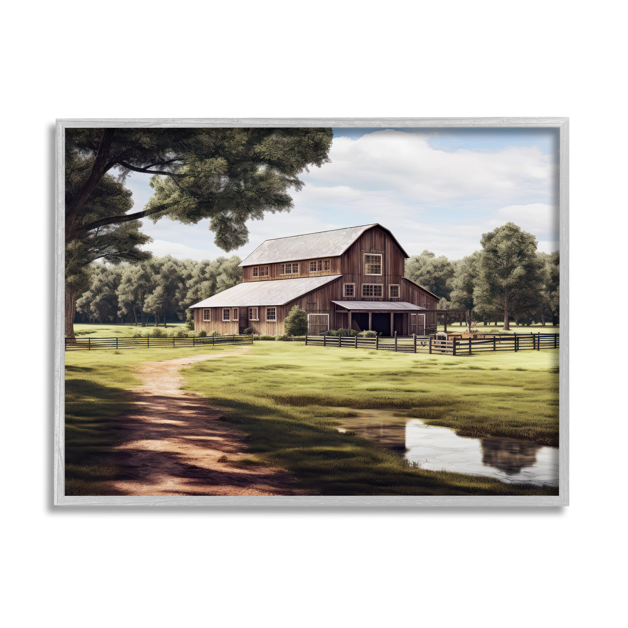 Stupell Industries Farmhouse Barn & Stream Landscape Painting Gray Framed Art Print Wall Art, 20 x 16