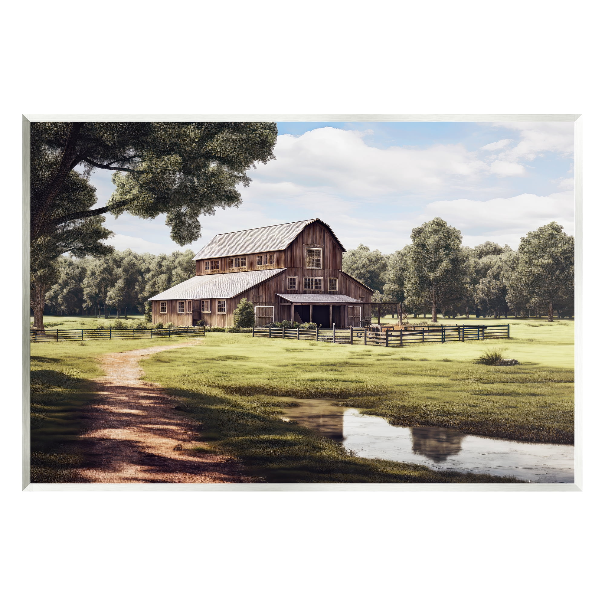 Stupell Industries Farmhouse Barn & Stream Landscape Painting Unframed Art Print Wall Art, 15 x 10