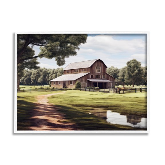 Stupell Industries Farmhouse Barn & Stream Landscape Painting White Framed Art Print Wall Art, 30 x 24