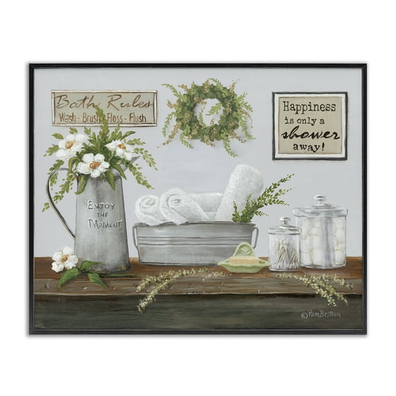 Stupell Industries Traditional Farmhouse Bathroom Counter Still Life Motivational Phrases Black Framed Giclee Art, 14 x 11, by Pam Britton