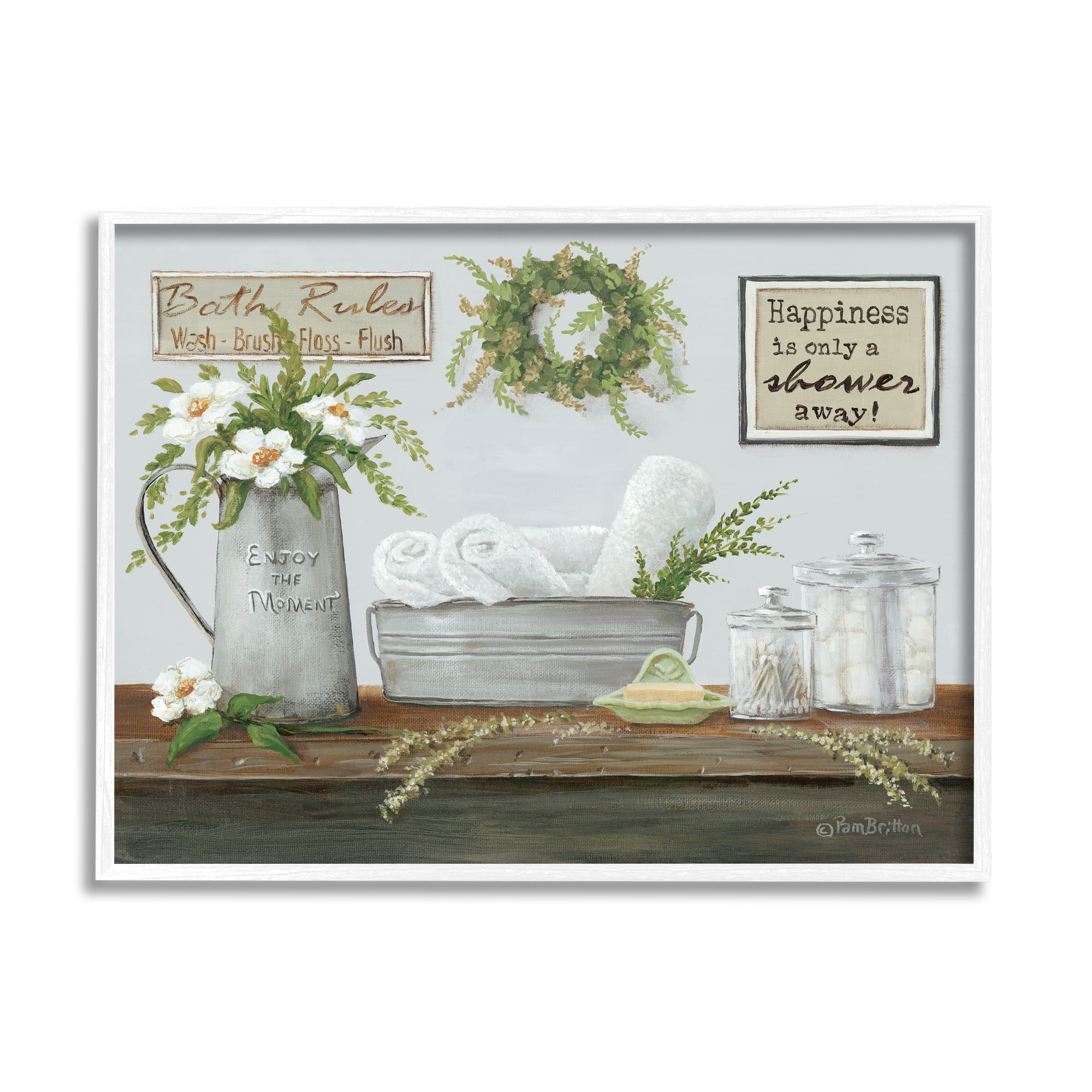 Stupell Industries Farmhouse Bathroom Counter Still Life Motivational Phrases Paintings White Framed Art Print Wall Art, 20x16, by Pam Britton