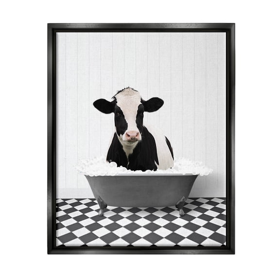 Stupell Industries Farmhouse Bathroom Cow Animals & Insects Painting Black Floater Framed Art Print Wall Art, 17 x 21