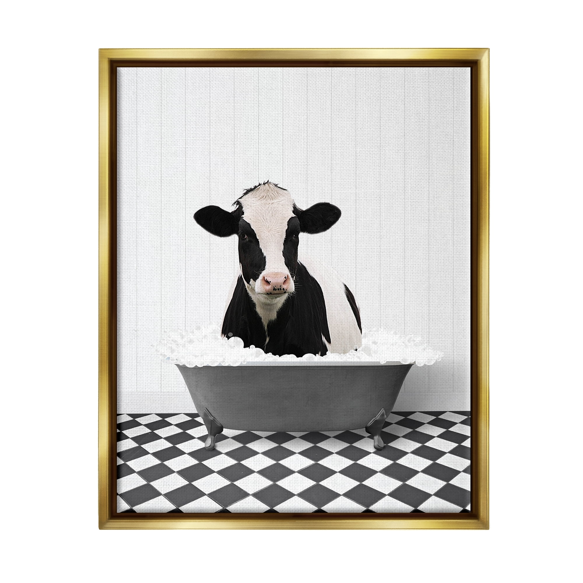 Stupell Industries Farmhouse Bathroom Cow Animals & Insects Painting Gold Floater Framed Art Print Wall Art, 25 x 31