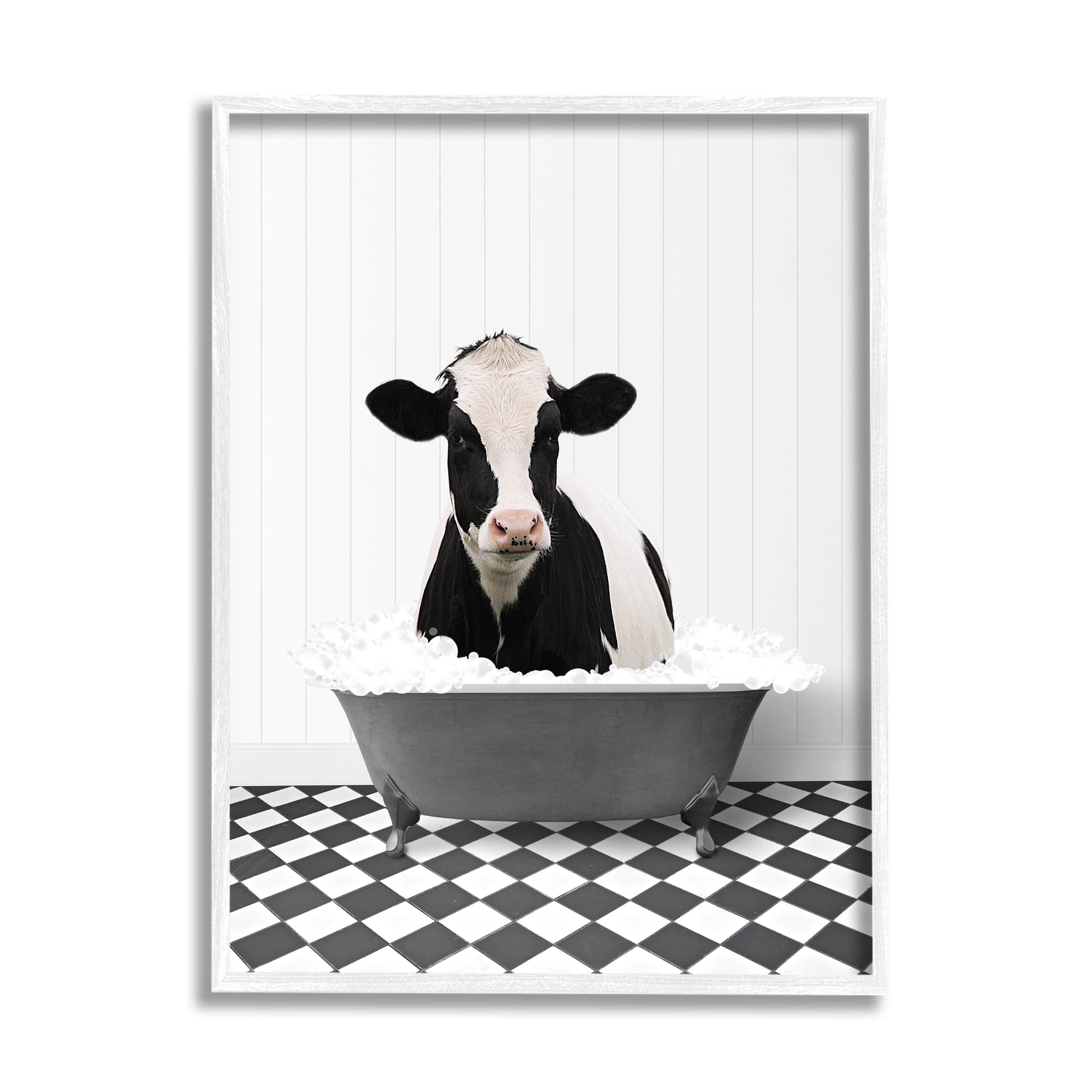 Stupell Industries Farmhouse Bathroom Cow Animals & Insects Painting White Framed Art Print Wall Art, 24 x 30
