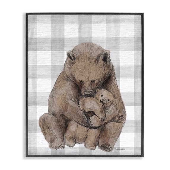 Stupell Industries Farmhouse Bear and Cub Grey Plaid Black Framed Giclee Art, 16 x 20, by Lil' Rue