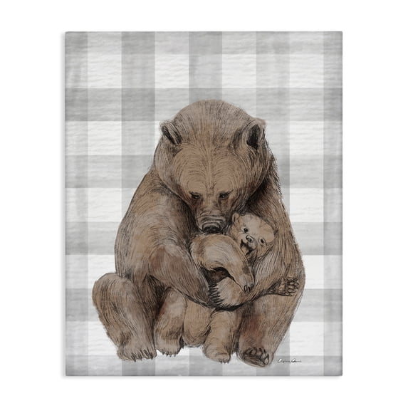 Stupell Industries Farmhouse Bear and Cub Grey Plaid Canvas Art, 36 x 48, by Lil' Rue