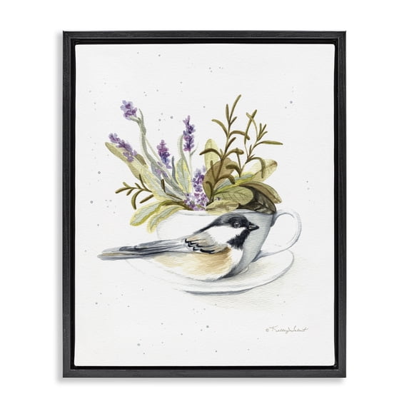 Stupell Industries Farmhouse Bird & Floral Teacup Black Floating Frame Canvas Art, 17 x 21, by Kelley Talent