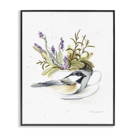 Stupell Industries Farmhouse Bird & Floral Teacup Black Framed Giclee Art, 11 x 14, by Kelley Talent