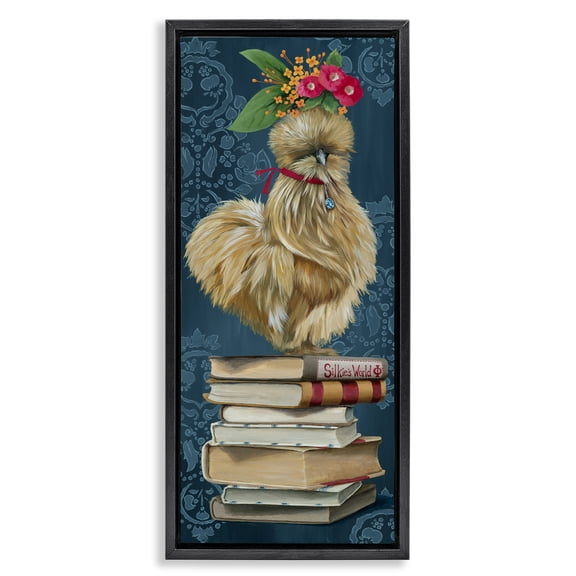 Stupell Industries Farmhouse Chicken on Bookstack Animals Painting Black Floater Framed Canvas Art Print Wall Art, 11 x 25