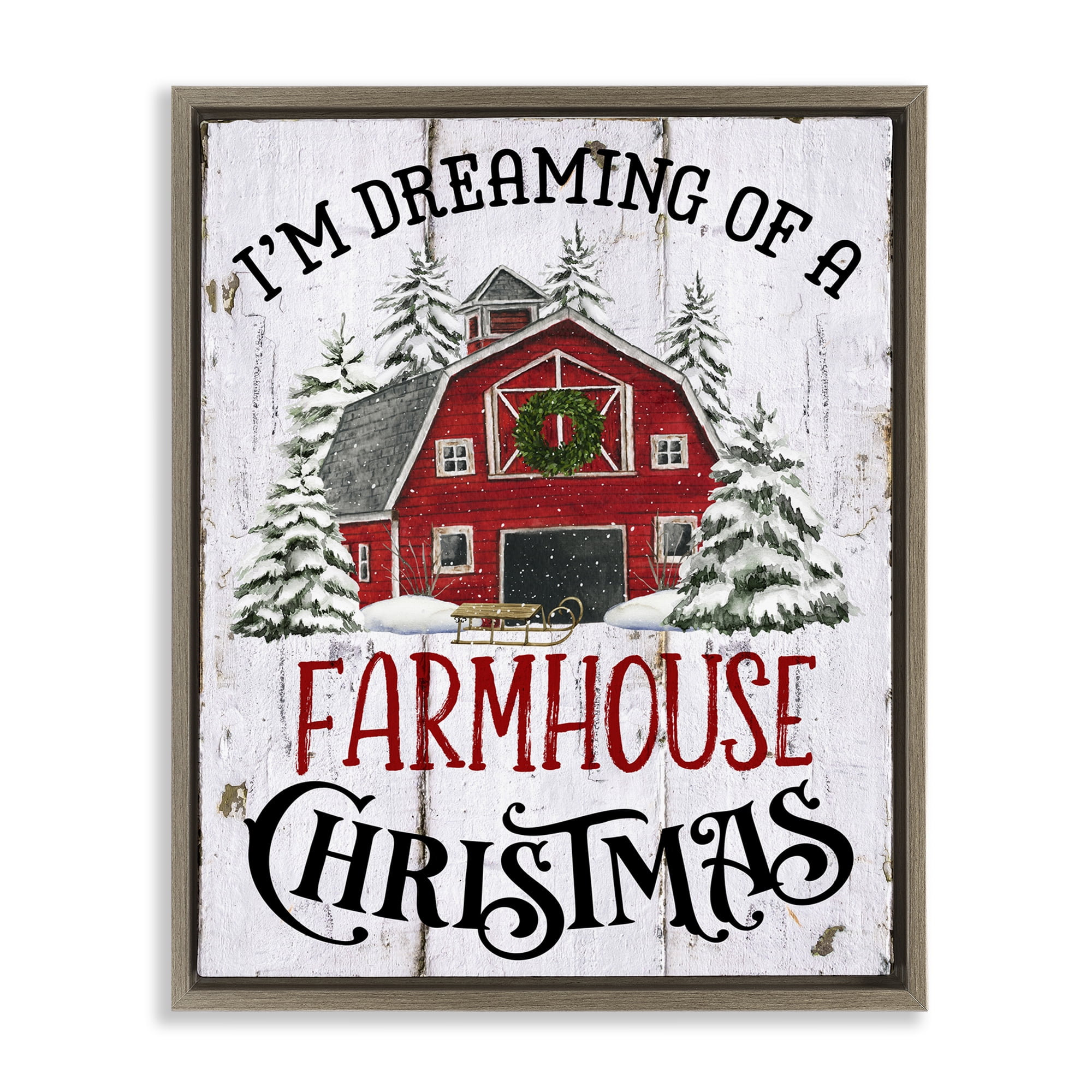 Stupell Industries Farmhouse Christmas Dreaming Holiday Painting Brown Floater Framed Canvas Art Prints Wall Art, 25 x 31