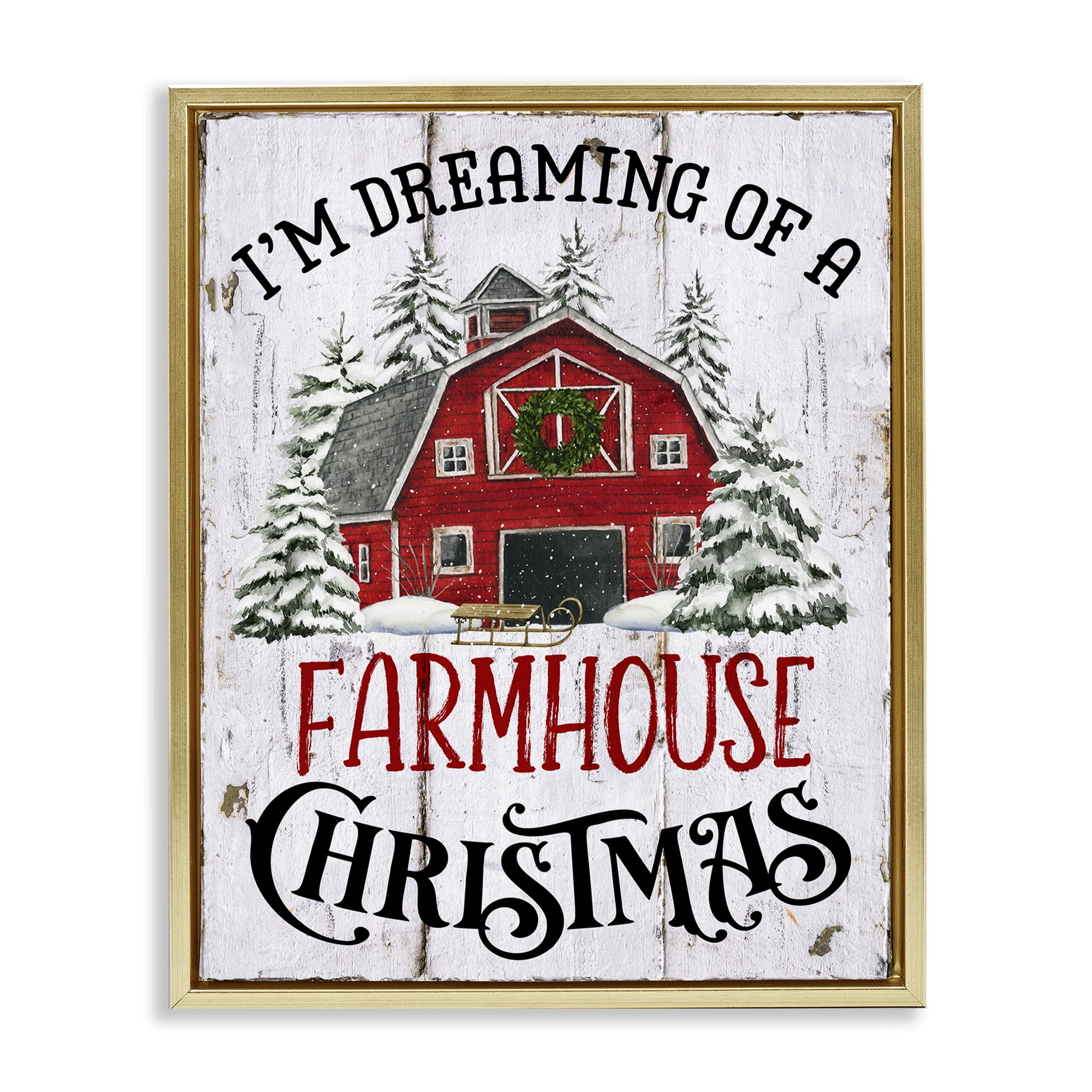 Stupell Industries Farmhouse Christmas Dreaming Holiday Painting Gold Floater Framed Canvas Art Prints Wall Art, 25 x 31