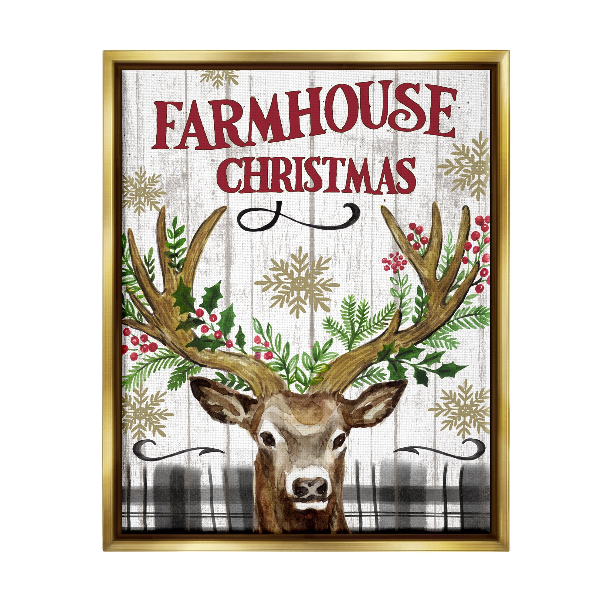 Stupell Industries Farmhouse Christmas with Plaid Holiday Painting Gold Floater Framed Canvas Art Print Wall Art, 25 x 31