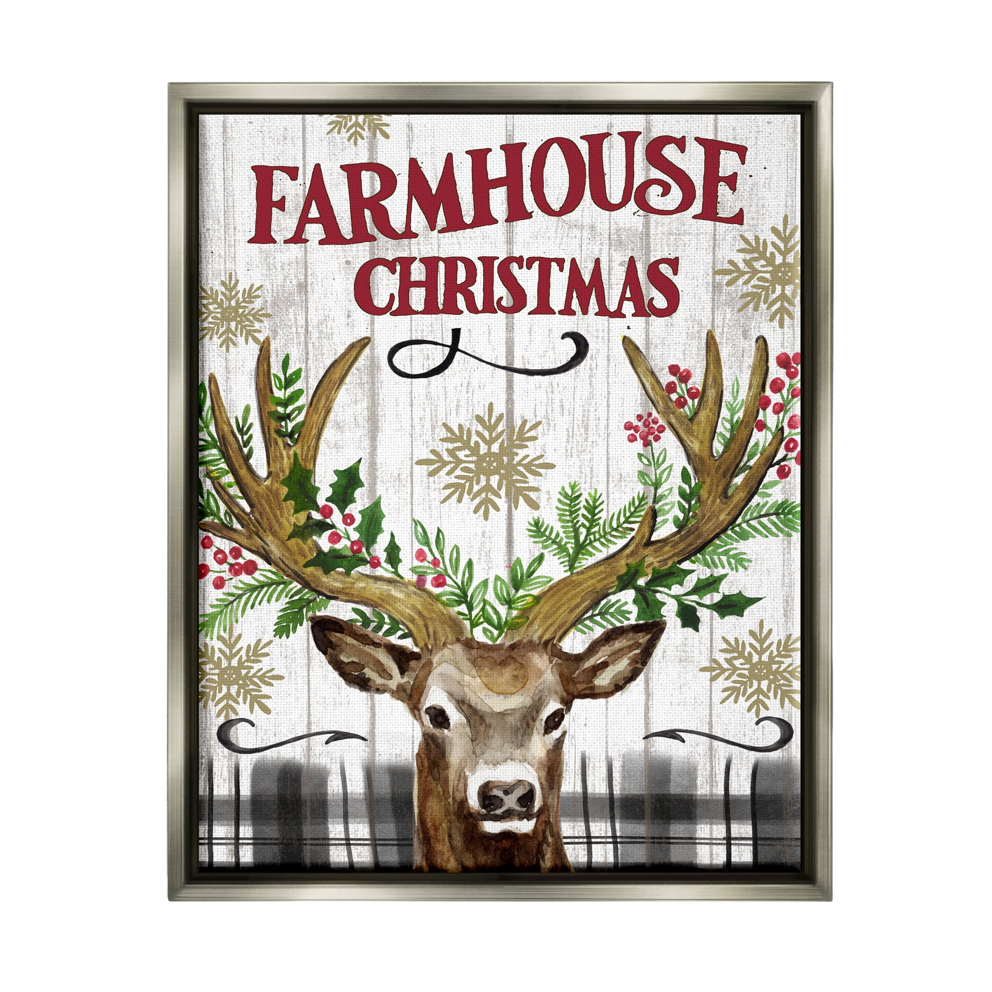 Stupell Industries Farmhouse Christmas with Plaid Holiday Painting Gray Floater Framed Canvas Art Print Wall Art, 25 x 31