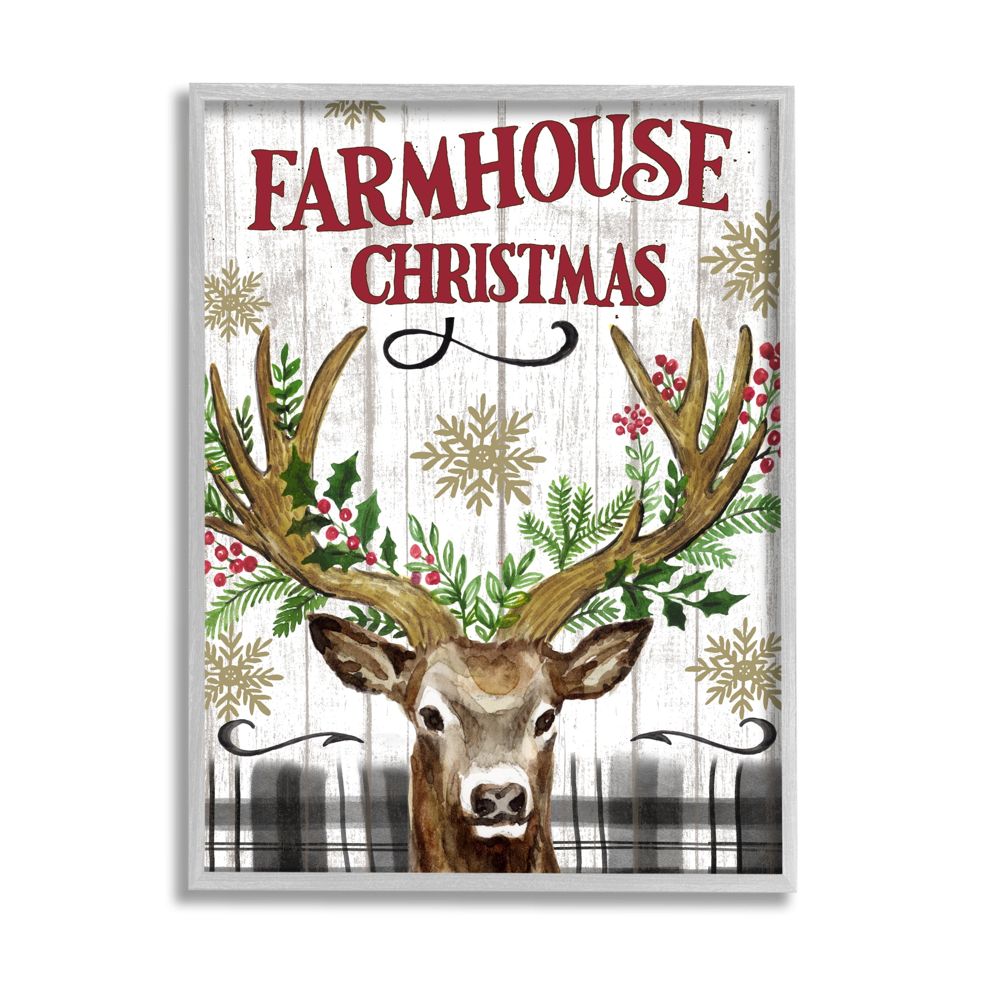 Stupell Industries Farmhouse Christmas with Plaid Holiday Painting Gray Framed Art Print Wall Art, 11 x 14