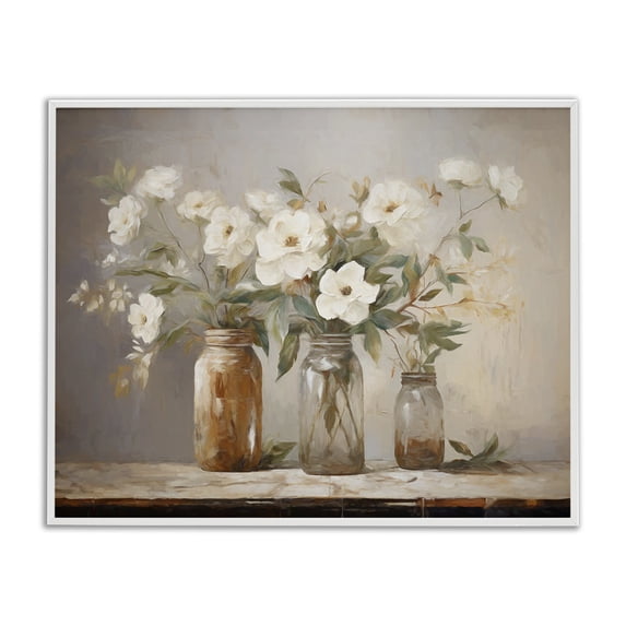 Stupell Industries Farmhouse Country Magnolia Jars White Framed Giclee Art, 20 x 16, by Ramona Murdock