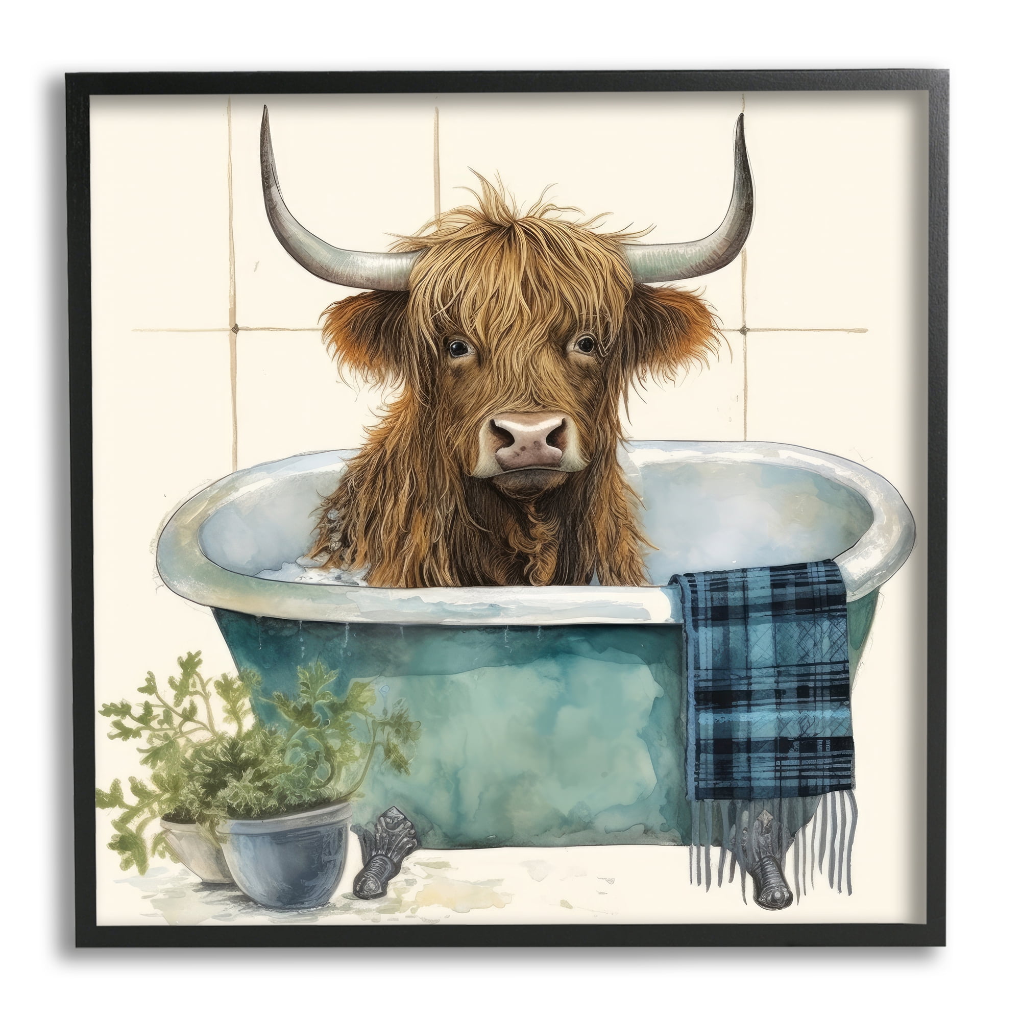 Stupell Industries Farmhouse Cow in Tub Animals & Insects Painting Black Framed Art Print Wall Art, 12 x 12