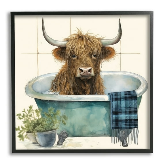 Stupell Industries Farmhouse Cow in Tub Animals & Insects Painting Black Framed Art Print Wall Art, 24 x 24