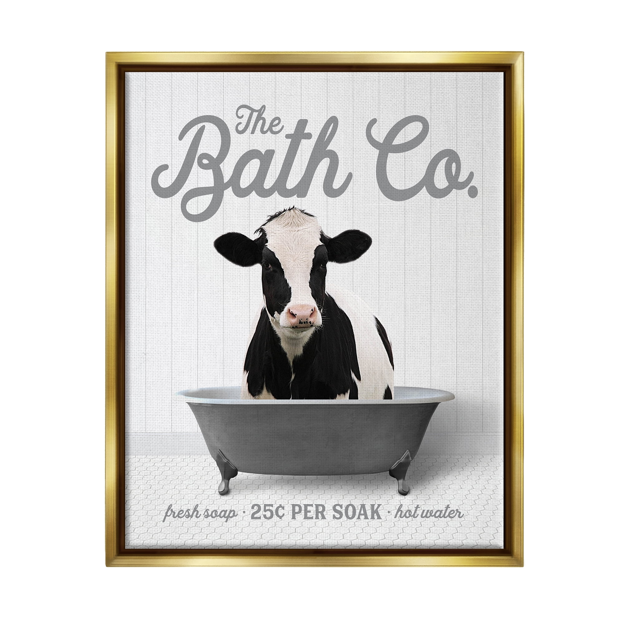 Stupell Industries Farmhouse Cow in Tub Animals & Insects Painting Gold Floater Framed Art Print Wall Art, 17 x 21