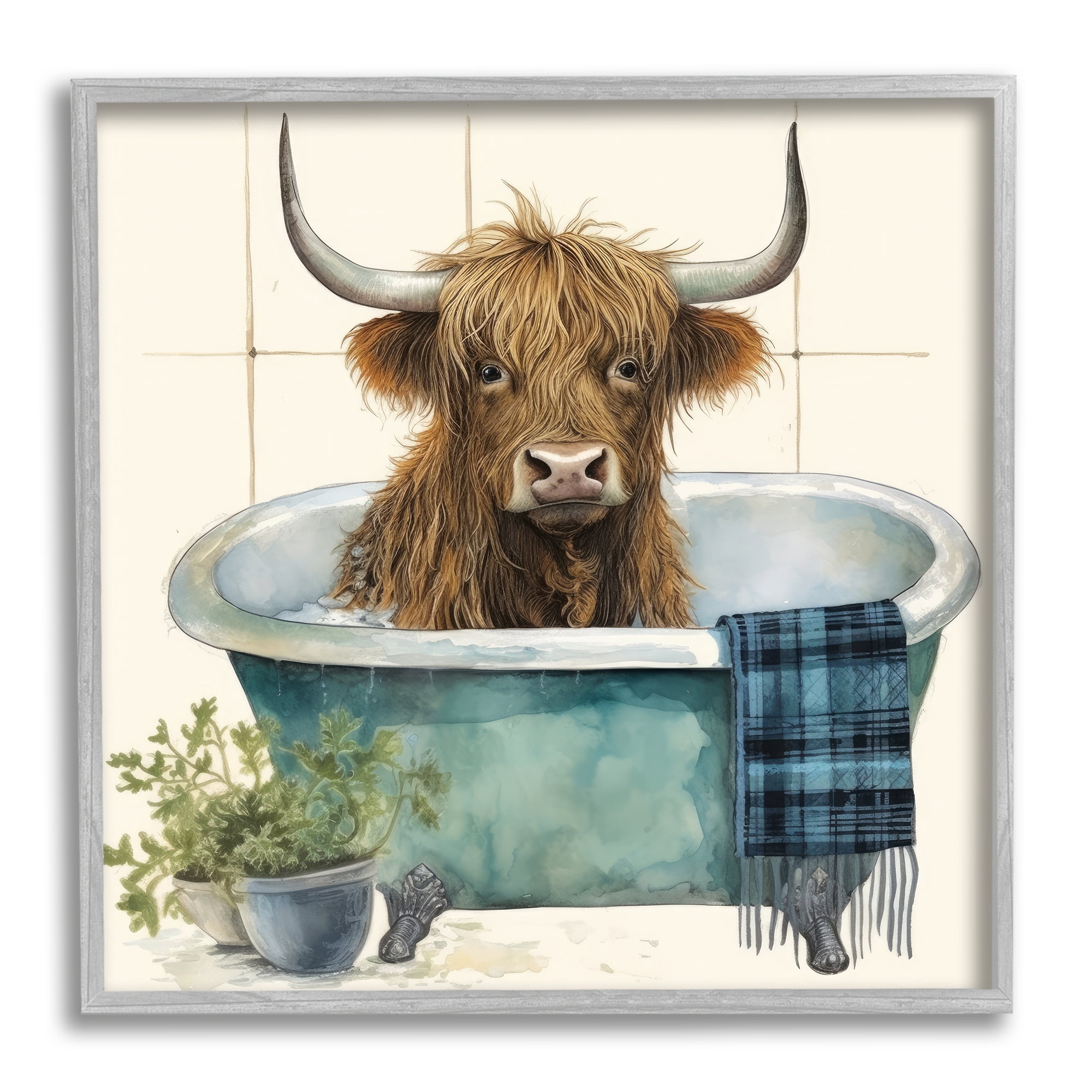 Stupell Industries Farmhouse Cow in Tub Animals & Insects Painting Gray Framed Art Print Wall Art, 17 x 17