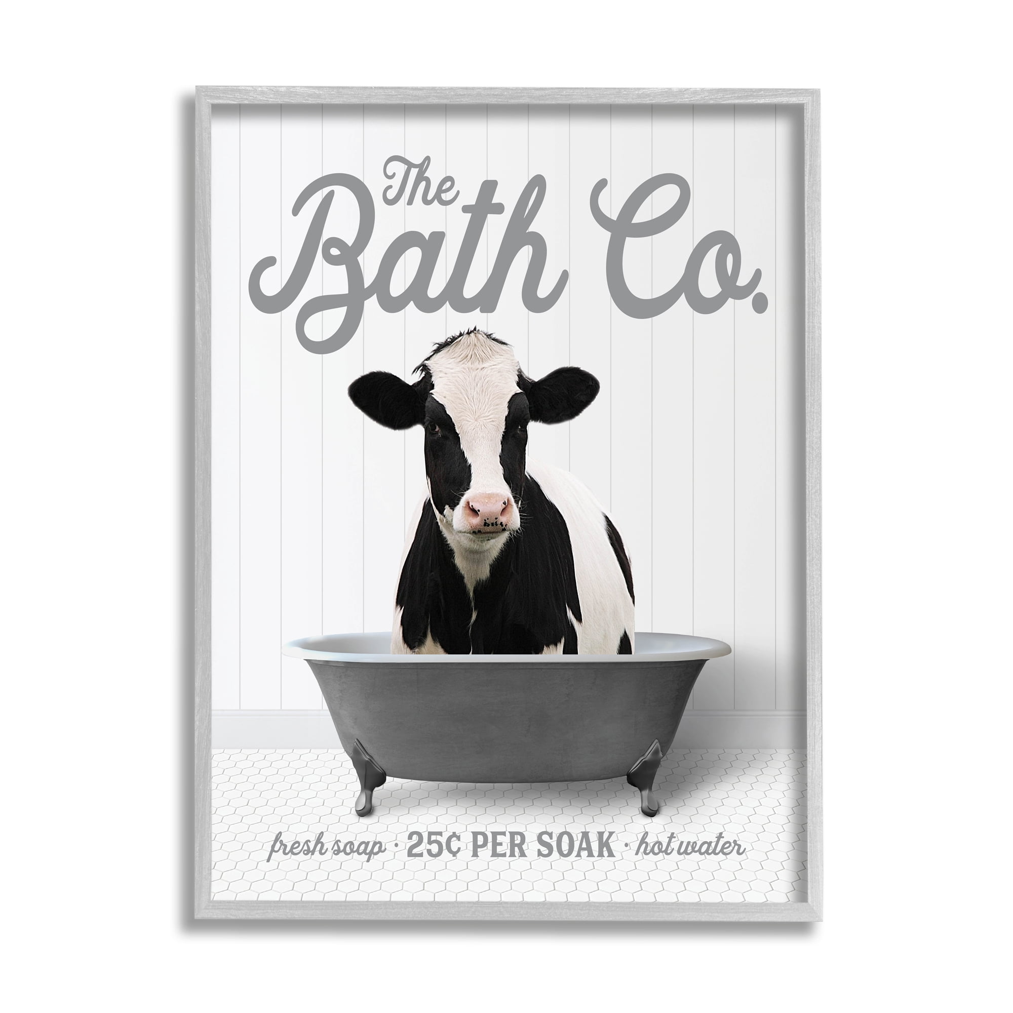 Stupell Industries Farmhouse Cow in Tub Animals & Insects Painting Gray Framed Art Print Wall Art, 24 x 30