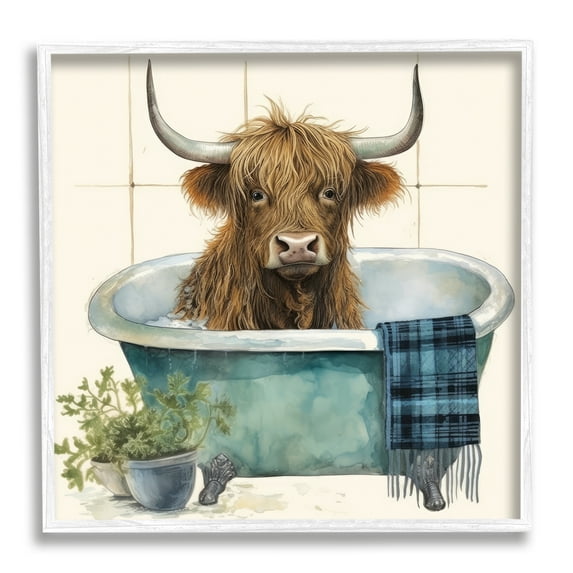 Stupell Industries Farmhouse Cow in Tub Animals & Insects Painting White Framed Art Print Wall Art, 12 x 12