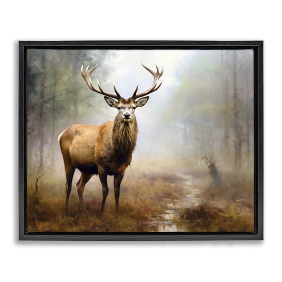 Stupell Industries Farmhouse Deer Woodland Trees Black Floating Frame Canvas Art, 31 x 25, by Ray Powers