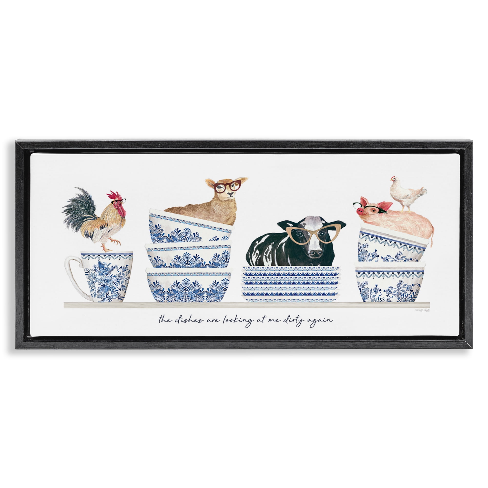 Stupell Industries Farmhouse Dirty Dishes Animals & Insects Painting Black Floater Framed Canvas Art Print Wall Art, 25 x 11