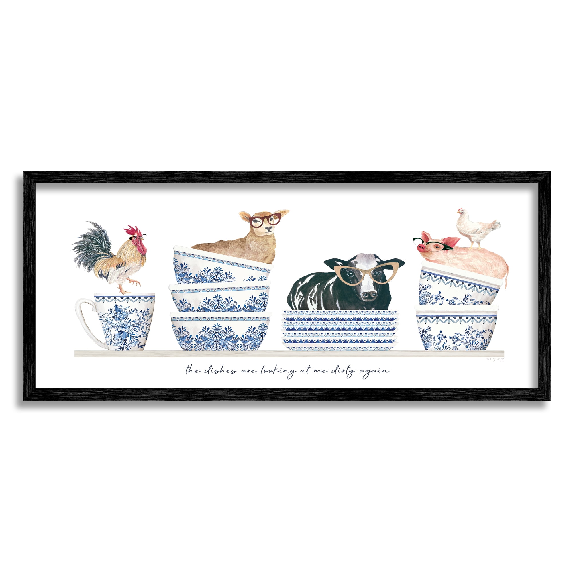 Stupell Industries Farmhouse Dirty Dishes Animals & Insects Painting Black Framed Art Print Wall Art, 30 x 13