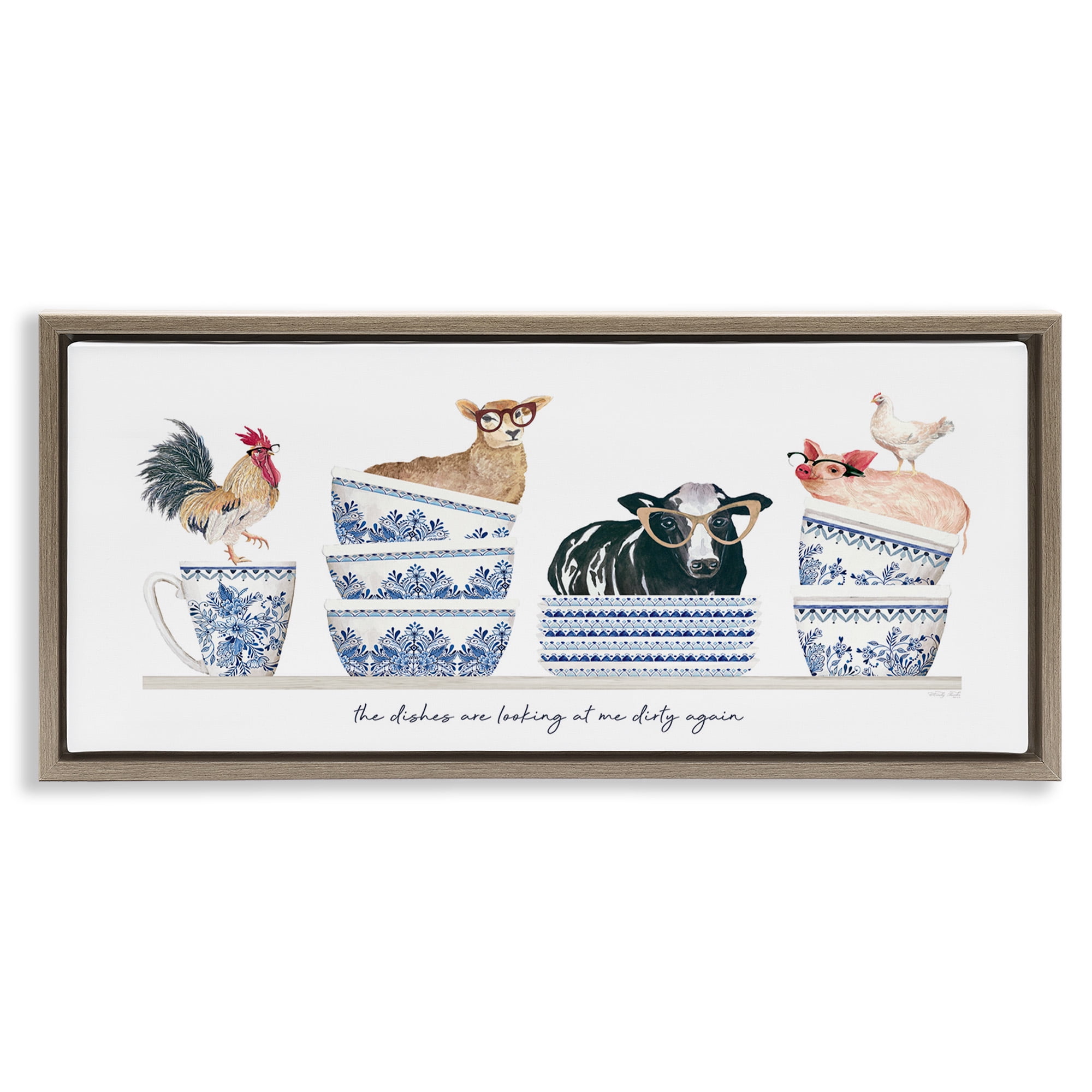 Stupell Industries Farmhouse Dirty Dishes Animals & Insects Painting Brown Floater Framed Canvas Art Print Wall Art, 31 x 14