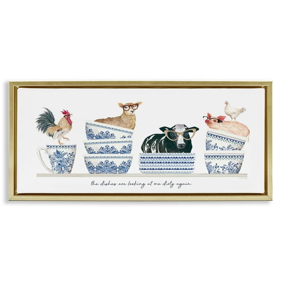 Stupell Industries Farmhouse Dirty Dishes Animals & Insects Painting Gold Floater Framed Canvas Art Print Wall Art, 25 x 11