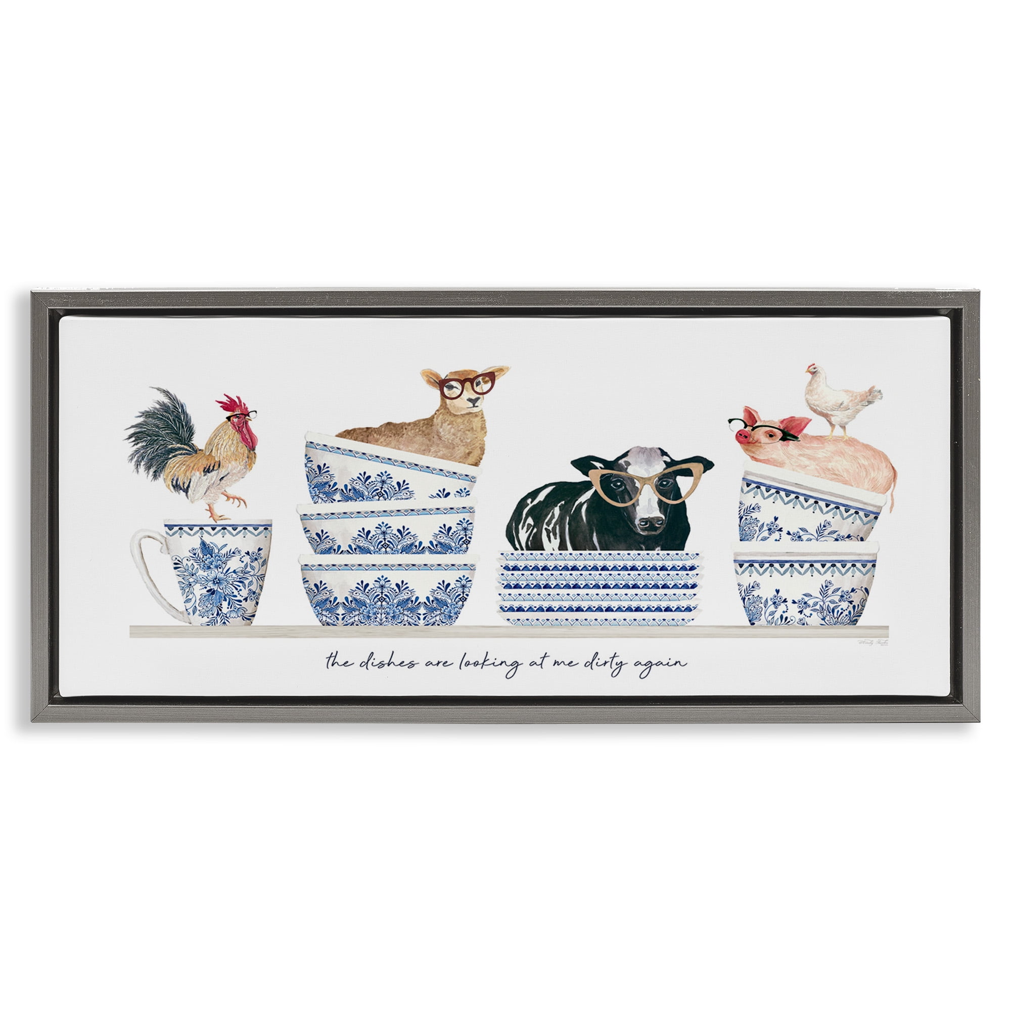 Stupell Industries Farmhouse Dirty Dishes Animals & Insects Painting Gray Floater Framed Canvas Art Print Wall Art, 31 x 14