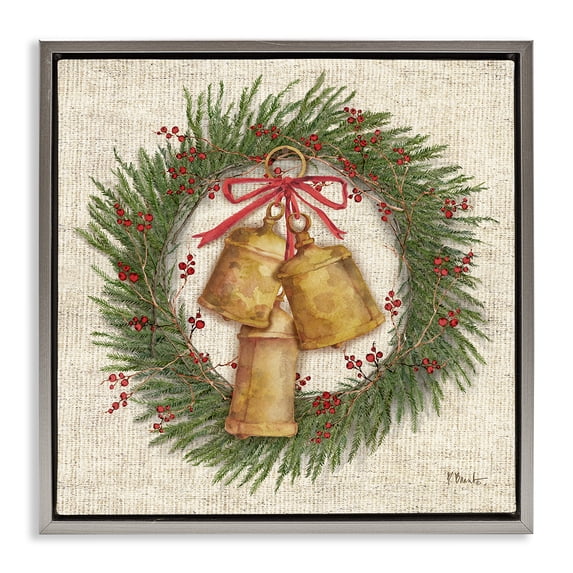 Stupell Industries Farmhouse Festive Bells Wreath Gray Floating Frame Canvas Art, 18 x 18, by Paul Brent