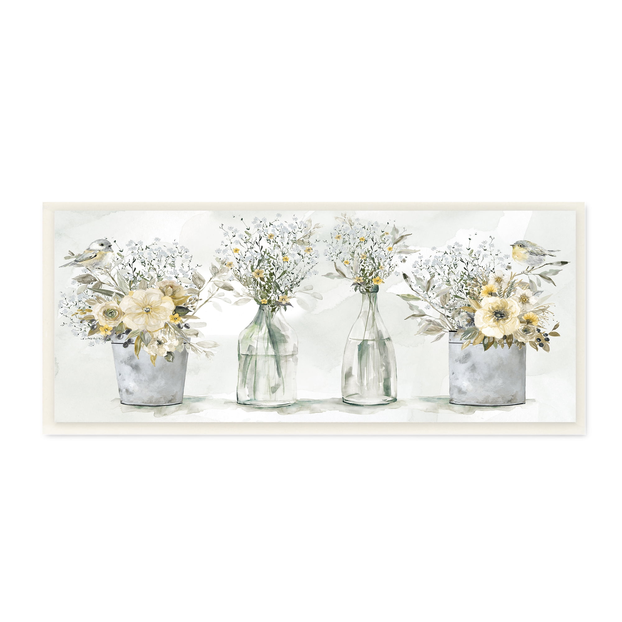 Stupell Industries Farmhouse Floral Bouquets Song Birds Rustic Vases, 17 x 7, Design by Carol Robinson