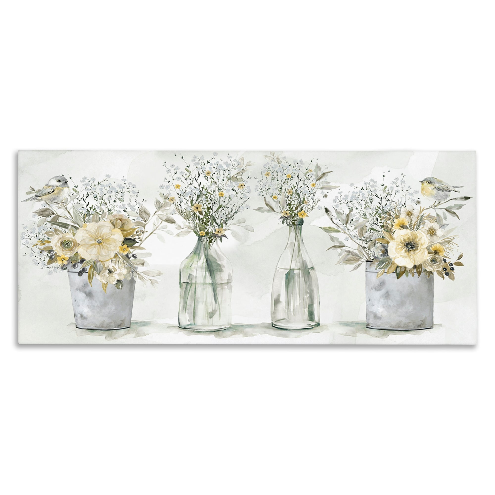 Rustic Song Birds on Floral Vases Canvas Wall Art, 30 x 13