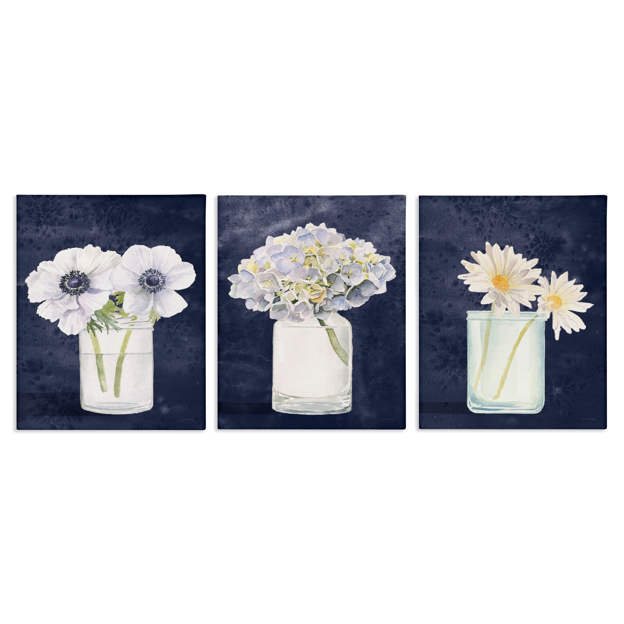Farmhouse Flower Bouquets Navy Blue and White Canvas Wall Art Set