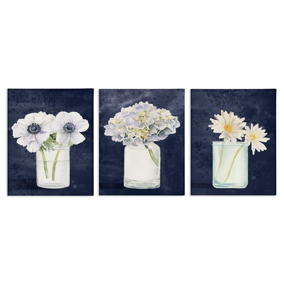 Stupell Industries Farmhouse Flower Bouquets Navy Blue White Painting Canvas Wall Art Design by James Wiens, 3 Piece, 24" x 30"