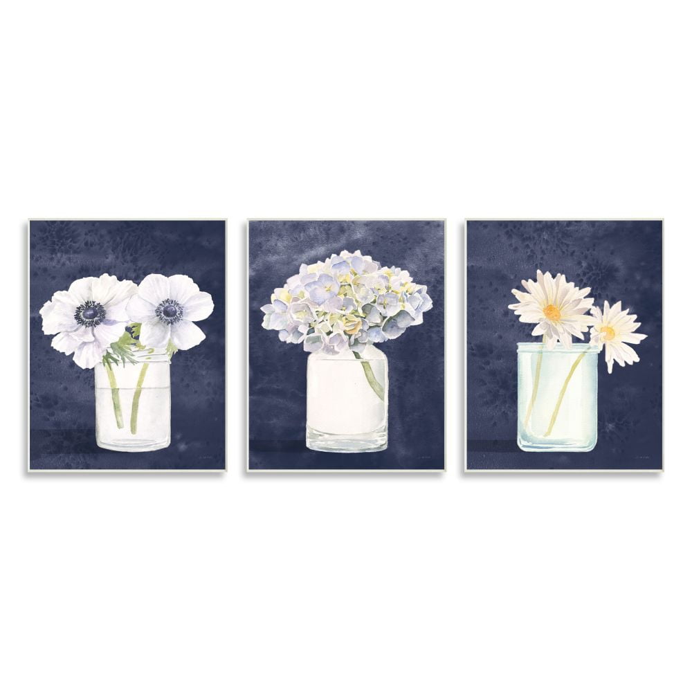 Stupell Industries Farmhouse Flower Bouquets Navy Blue White Painting Print Unframed Art Print Wall Art Set of 3, 10x15, by James Wiens