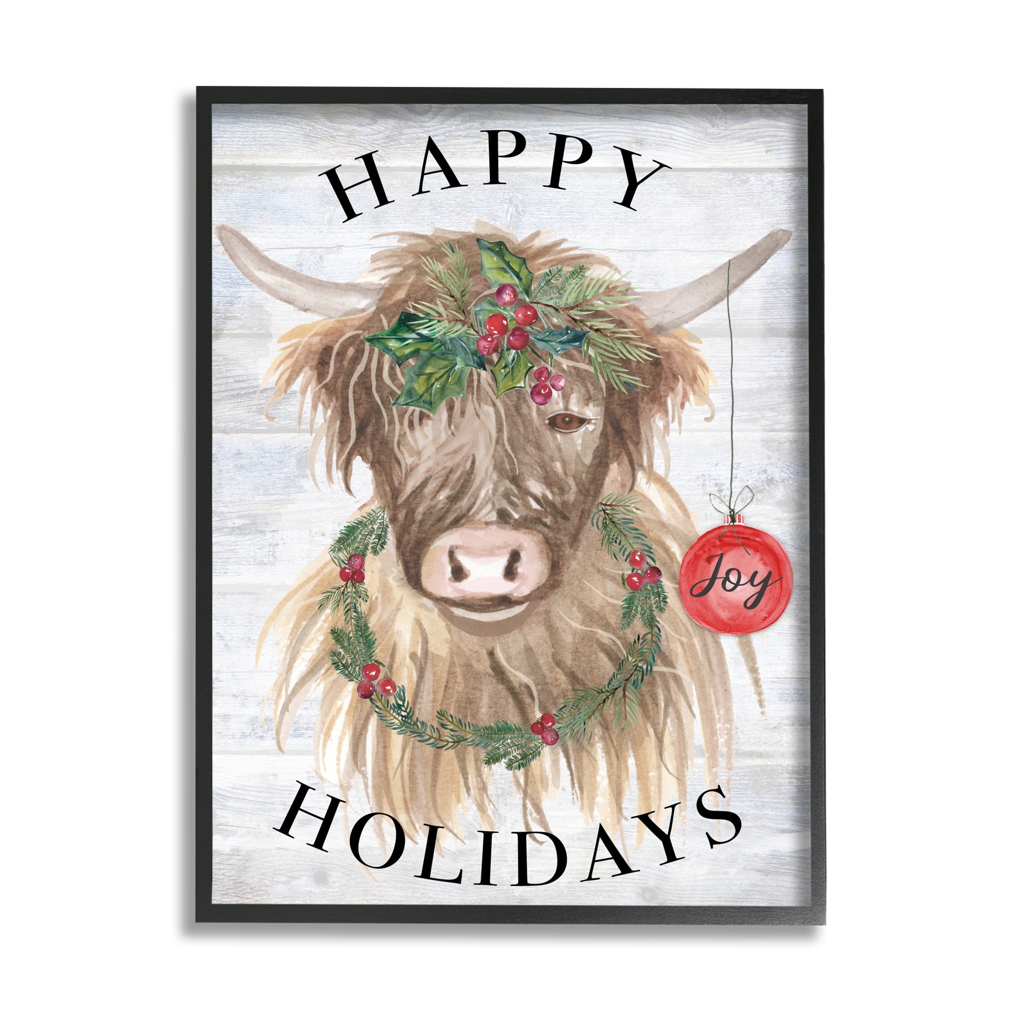 Stupell Industries Farmhouse Holiday Cow Holiday Painting Black Framed Art Print Wall Art, 24 x 30