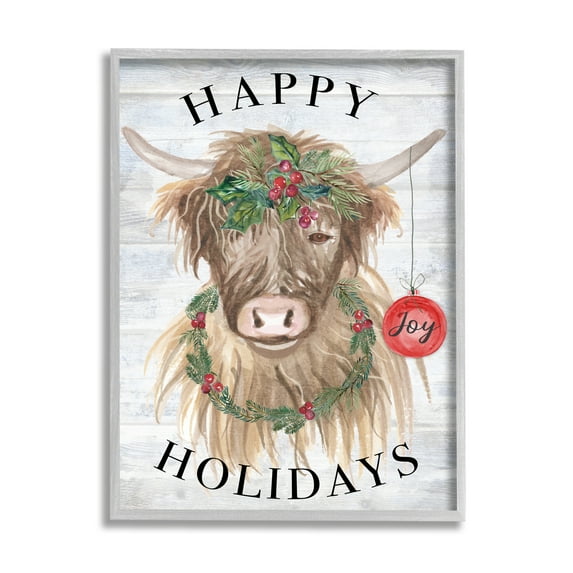 Stupell Industries Farmhouse Holiday Cow Holiday Painting Gray Framed Art Print Wall Art, 24 x 30