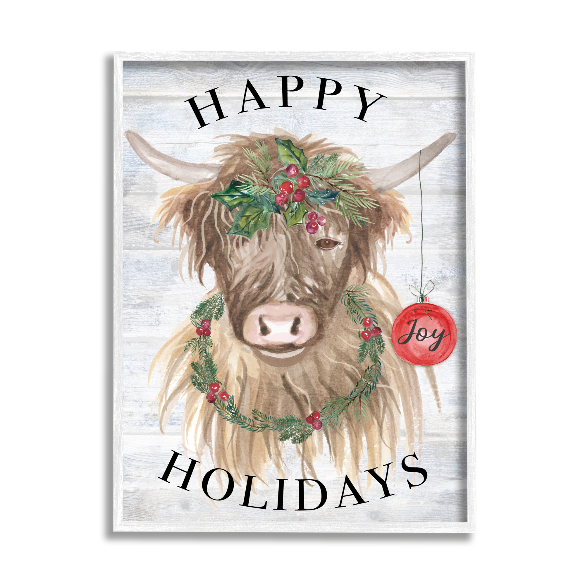 Stupell Industries Farmhouse Holiday Cow Holiday Painting White Framed Art Print Wall Art, 11 x 14