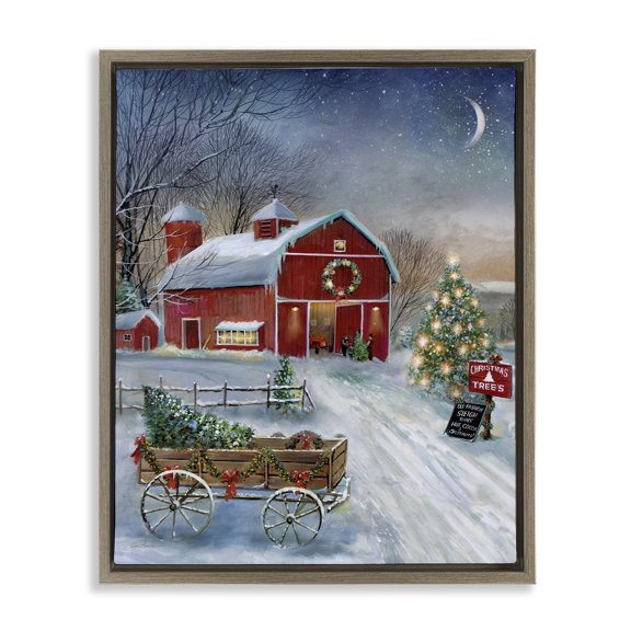 Stupell Industries Farmhouse Holiday Wagon & Barn Brown Floating Frame Canvas Art, 25 x 31, by Ruane Manning