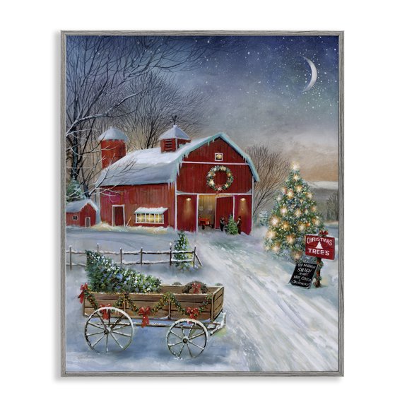 Stupell Industries Farmhouse Holiday Wagon & Barn Gray Framed Giclee Art, 11 x 14, by Ruane Manning