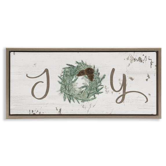 Stupell Industries Farmhouse Joy Text Wreath Accent Brown Floating Frame Canvas Art, 25 x 11, by Grace Popp