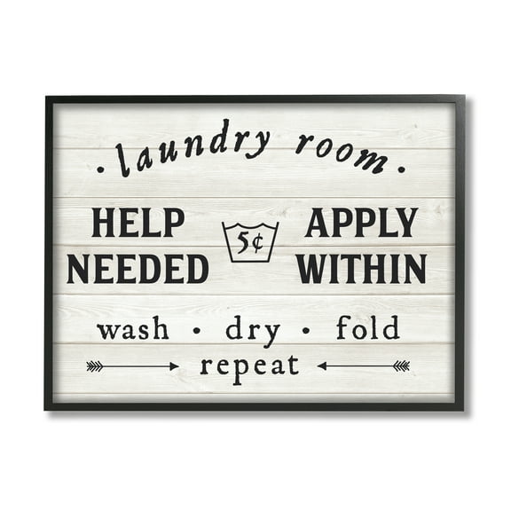 Stupell Industries Farmhouse Laundry Room Help Wanted Sign Rustic Pattern Typography Painting Black Framed Art Print Wall Art, 11 x 14