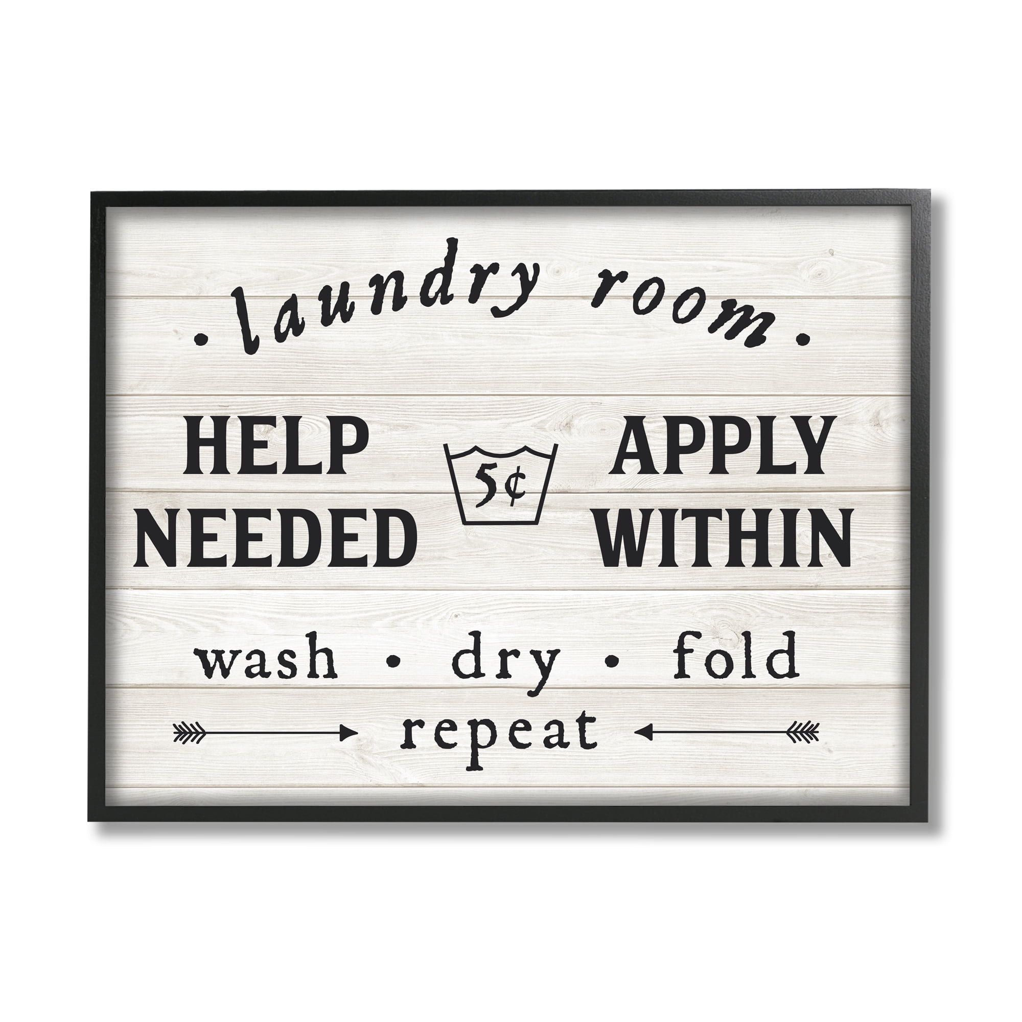 Stupell Industries Farmhouse Laundry Room Help Wanted Sign Rustic Pattern Typography Painting Black Framed Art Print Wall Art, 16 x 20