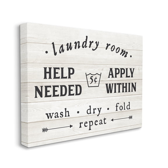 Stupell Industries Farmhouse Laundry Room Help Wanted Sign Rustic Pattern Typography Painting Gallery Wrapped Canvas Print Wall Art, 36 x 48