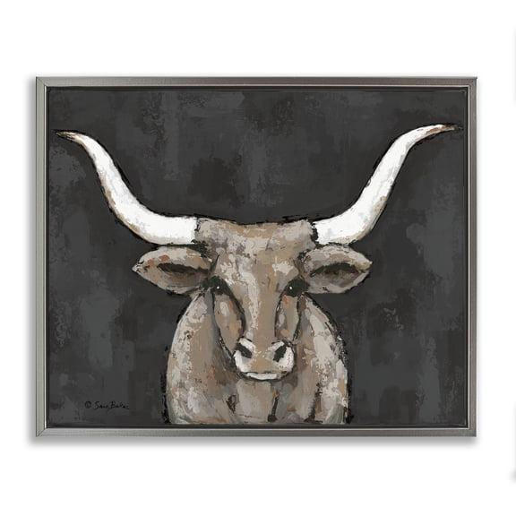 Stupell Industries Farmhouse Longhorn on Murky Grey Gray Floating Frame Canvas Art, 31 x 25, by Sara Baker