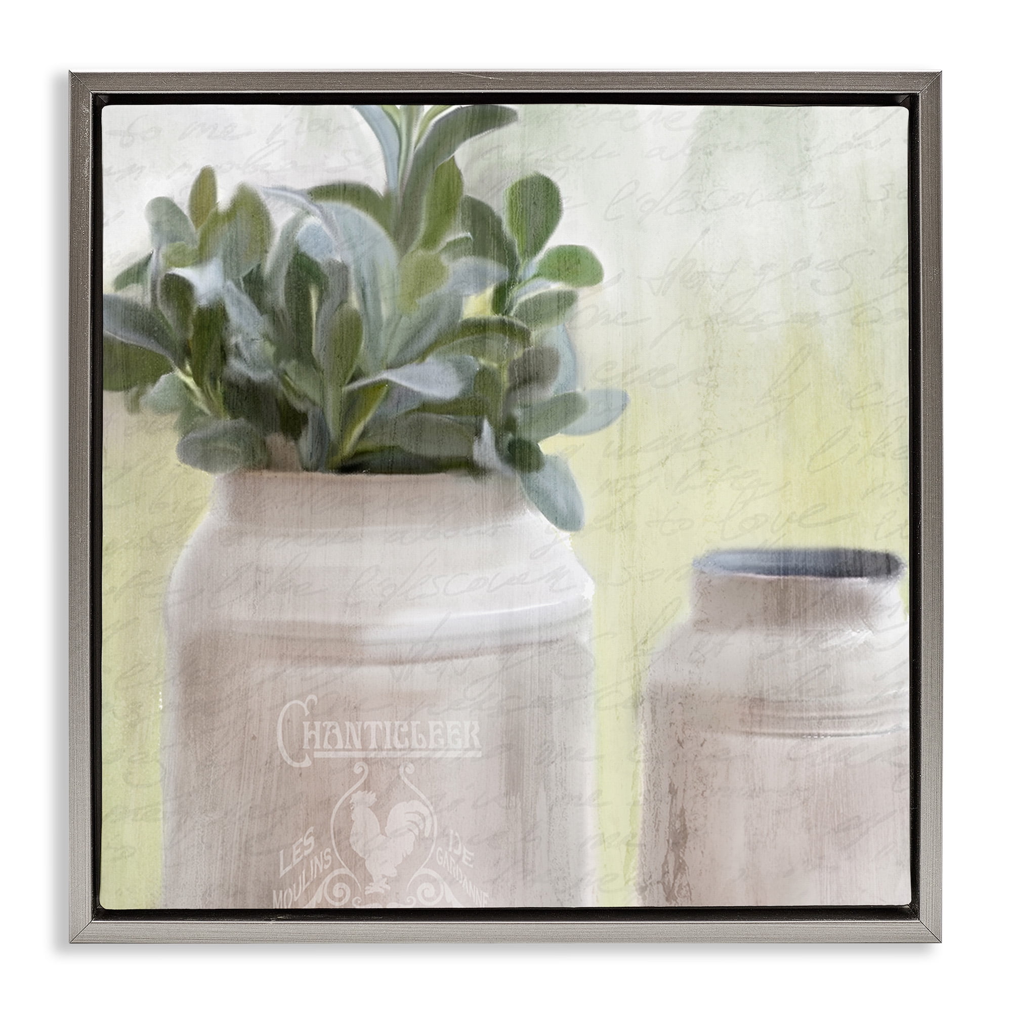 Stupell Industries Farmhouse Mill Can with Greenery Botanical & Floral Painting Gray Floater Framed Canvas Art Print Wall Art, 18 x 18