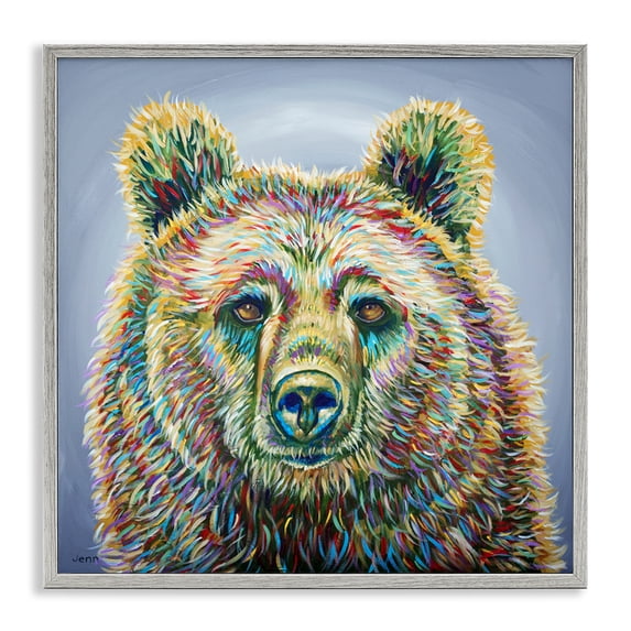 Stupell Industries Farmhouse Modern Bear Rainbow Fur Strokes Gray Framed Giclee Art, 12 x 12, by Jen Seeley